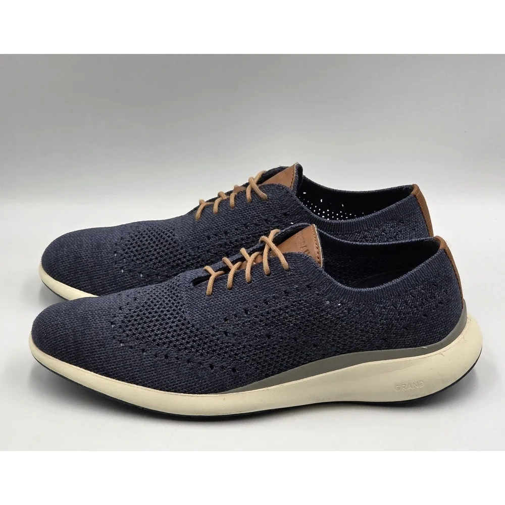 Cole Haan Mens Grand Troy Knit OX Marine Navy Blue Ivory Dress Shoes Size 8